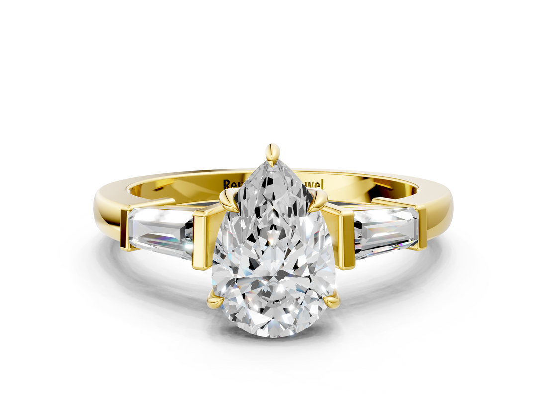 Yellow gold Pear Cut Diamond Ring with Tapered Baguette Side Stones in Four-Prong Setting_15