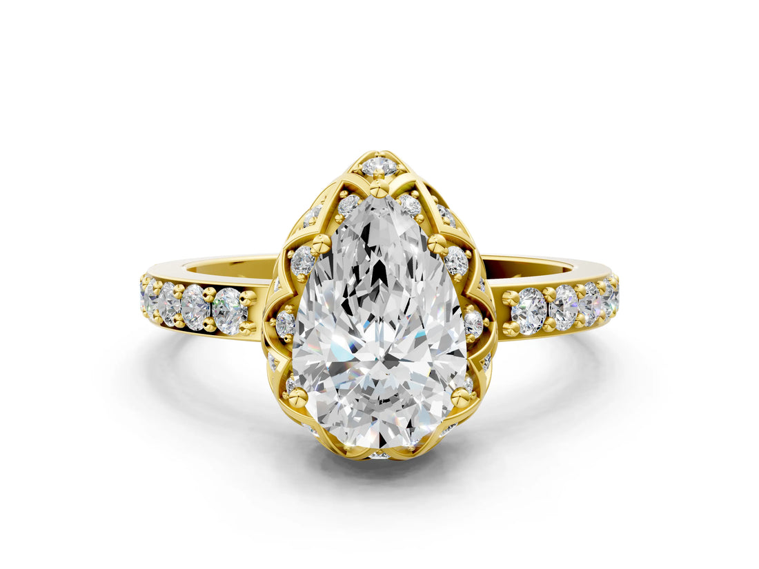Yellow gold Pear Cut Diamond Scalloped Halo Engagement Ring with Round Shared Prong Band_12