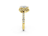 Yellow gold Pear Cut Diamond Scalloped Halo Engagement Ring with Round Shared Prong Band_14