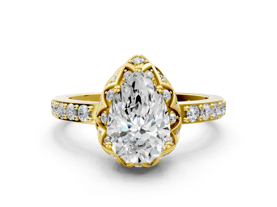 Yellow gold Pear Cut Diamond Scalloped Halo Engagement Ring with Round Shared Prong Band_24