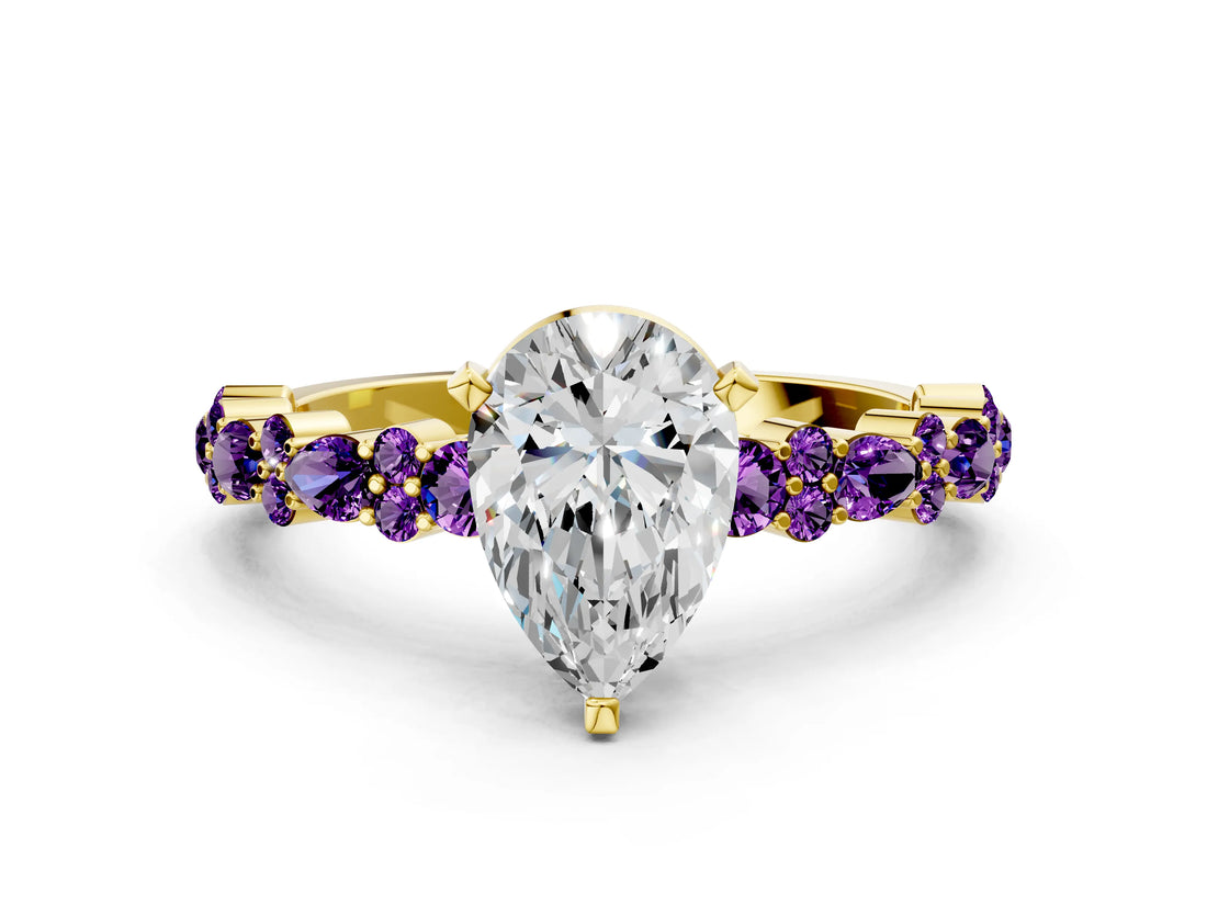 Yellow gold Pear Cut Diamond Side Stone Solitaire Ring with Round with Amethyst side stone and Four-Prong Setting