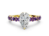 Yellow gold Pear Cut Diamond Side Stone Solitaire Ring with Round with Amethyst side stone and Four-Prong Setting
