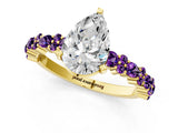 Yellow gold Pear Cut Diamond Side Stone Solitaire Ring with Round with Amethyst side stone and Four-Prong Setting_1