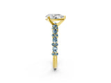 Yellow gold Pear Cut Diamond Side Stone Solitaire Ring with Round with Aquamarine side stone and Four-Prong Setting_2