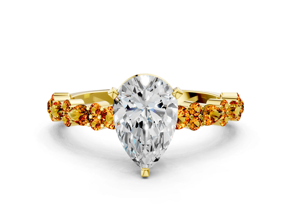 Yellow gold Pear Cut Diamond Side Stone Solitaire Ring with Round with Citrine side stone and Four-Prong Setting