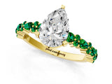 Yellow gold Pear Cut Diamond Side Stone Solitaire Ring with Round with Emerald side stone and Four-Prong Setting_1