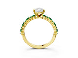 Yellow gold Pear Cut Diamond Side Stone Solitaire Ring with Round with Emerald side stone and Four-Prong Setting_3