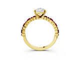 Yellow gold Pear Cut Diamond Side Stone Solitaire Ring with Round with Garnet side stone and Four-Prong Setting_3