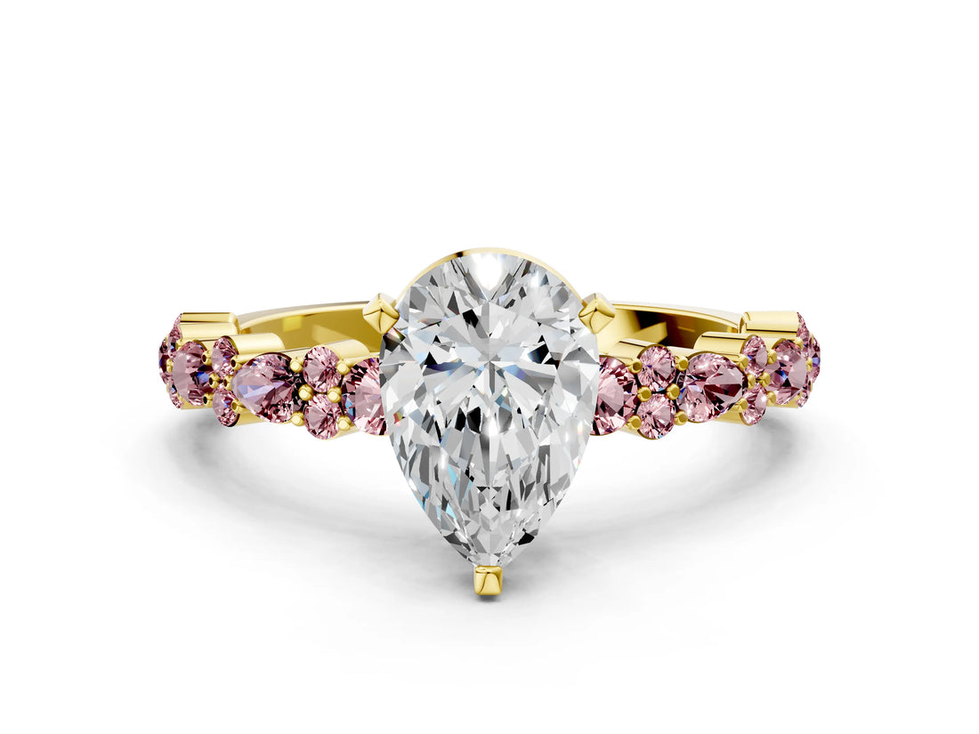 Yellow gold Pear Cut Diamond Side Stone Solitaire Ring with Round with Morganite side stone and Four-Prong Setting