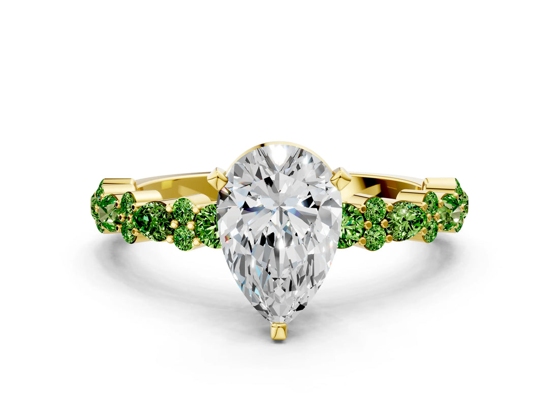 Yellow gold Pear Cut Diamond Side Stone Solitaire Ring with Round with Peridot side stone and Four-Prong Setting