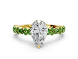 Yellow gold Pear Cut Diamond Side Stone Solitaire Ring with Round with Peridot side stone and Four-Prong Setting