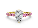 Yellow gold Pear Cut Diamond Side Stone Solitaire Ring with Round with Pink Sapphire side stone and Four-Prong Setting