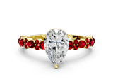 Yellow gold Pear Cut Diamond Side Stone Solitaire Ring with Round with Ruby side stone and Four-Prong Setting