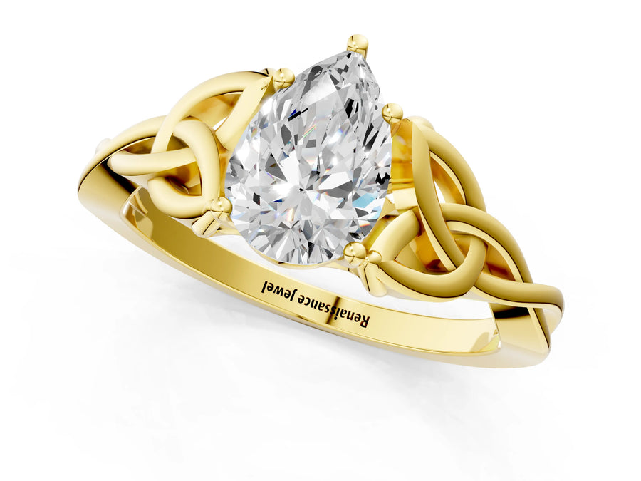 Yellow gold Pear Cut Diamond Solitaire Celtic Knot Ring with Four-Prong Setting