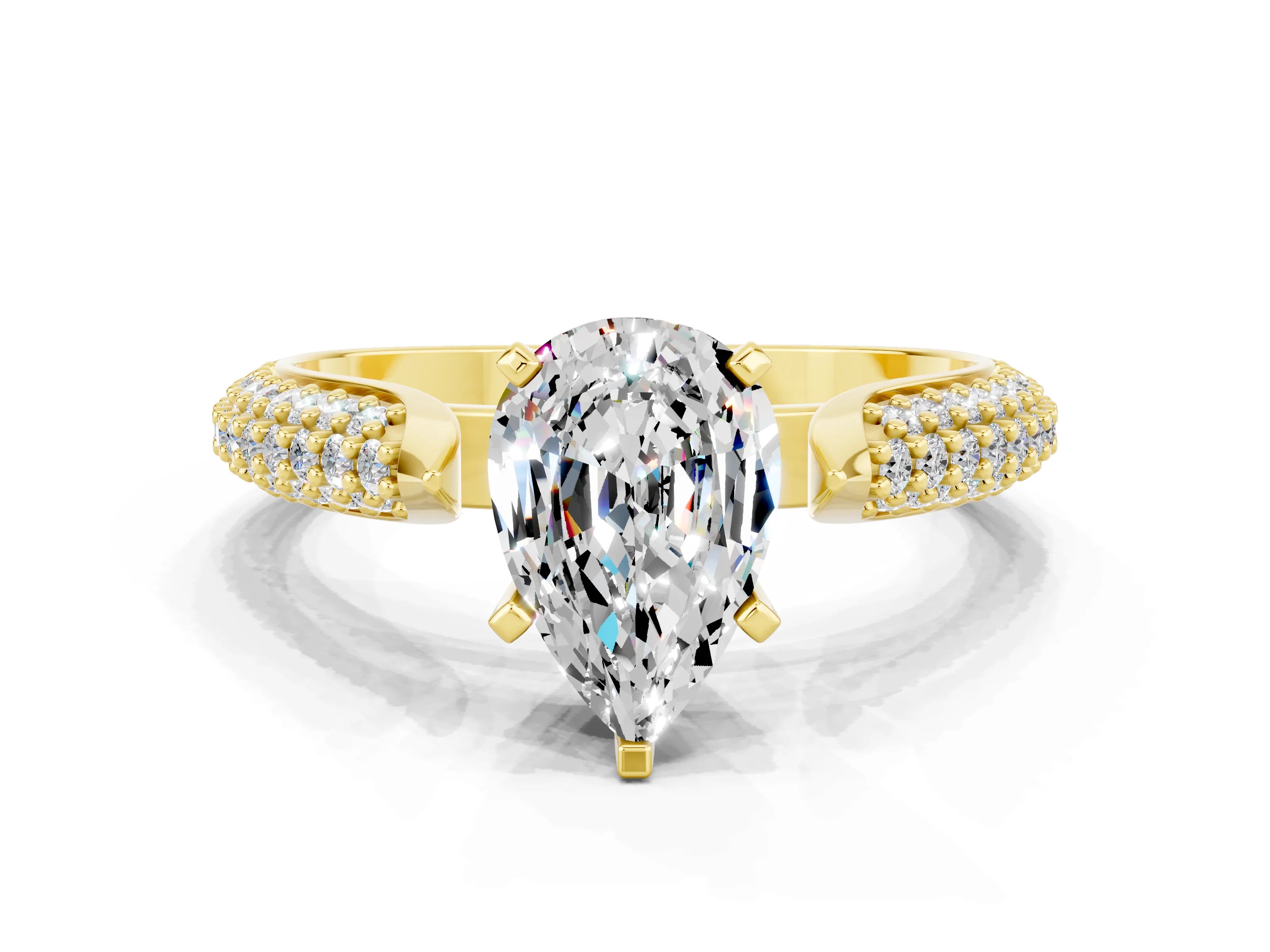 Yellow gold Pear Cut Diamond Solitaire Engagement Ring with Pavé Band and Four-Prong Setting