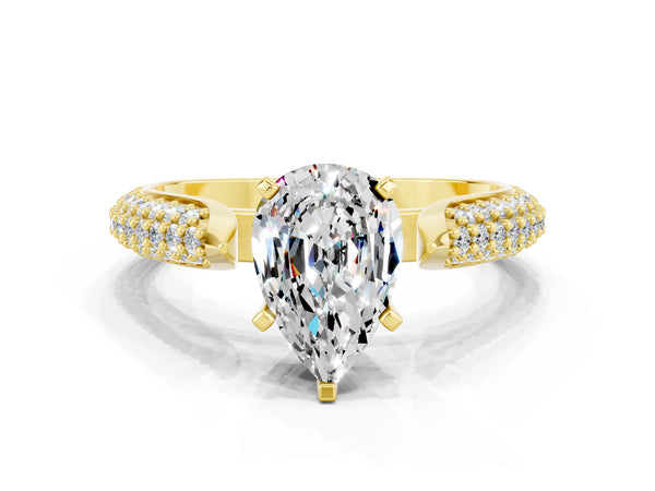 Yellow gold Pear Cut Moissanite Solitaire Engagement Ring with Multi-Row Round Pavé Band and Prong Setting