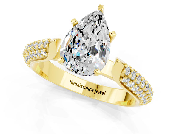 Yellow gold Pear Cut Moissanite Solitaire Engagement Ring with Multi-Row Round Pavé Band and Prong Setting