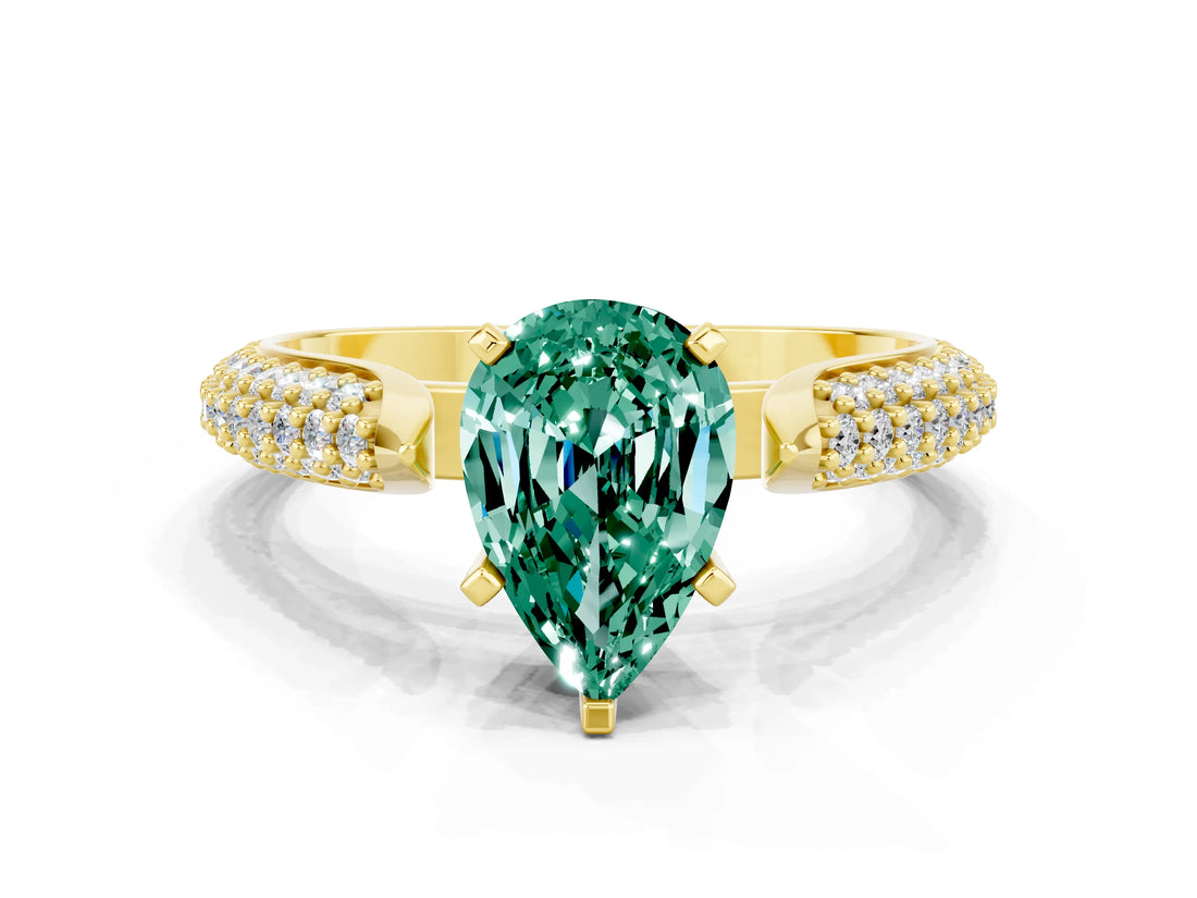 Yellow gold Pear Cut Diamond Solitaire Engagement Ring with Pavé Band and Four-Prong Setting
