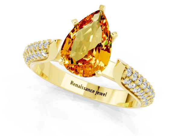 Yellow gold Pear Cut Citrine Solitaire Engagement Ring with Multi-Row Round Pavé Band and Prong Setting