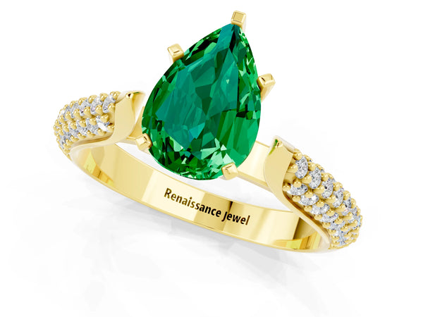 Yellow gold Pear Cut Emerald Solitaire Engagement Ring with Multi-Row Round Pavé Band and Prong Setting