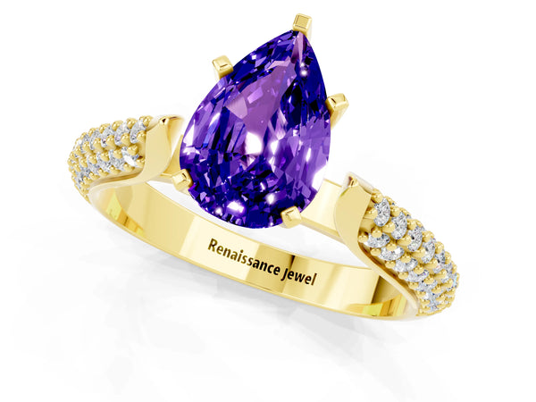 Yellow gold Pear Cut Tanzanite Solitaire Engagement Ring with Multi-Row Round Pavé Band and Prong Setting