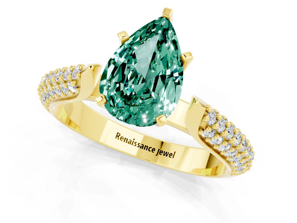 Yellow gold Pear Cut Green Sapphire Solitaire Engagement Ring with Multi-Row Round Pavé Band and Prong Setting