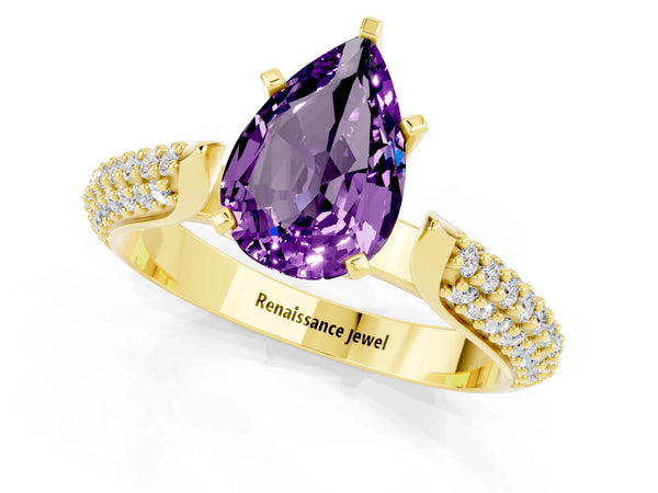 Yellow gold Pear Cut Amethyst Solitaire Engagement Ring with Multi-Row Round Pavé Band and Prong Setting