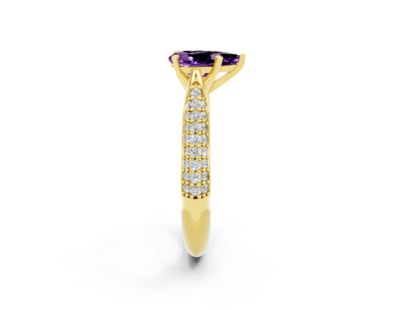 Yellow gold Pear Cut Amethyst Solitaire Engagement Ring with Multi-Row Round Pavé Band and Prong Setting