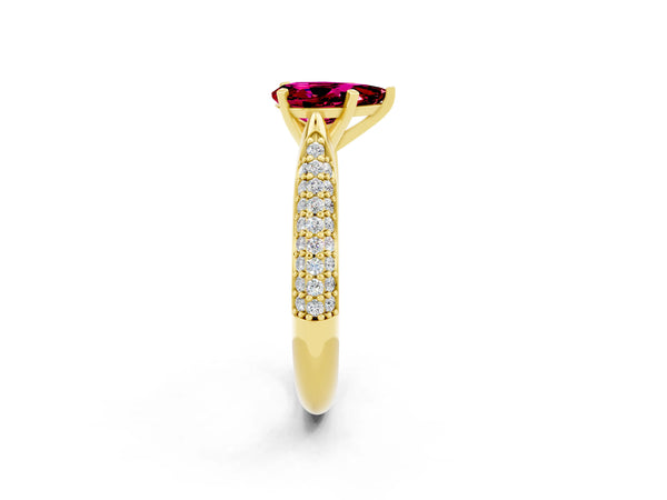 Yellow gold Pear Cut Garnet Solitaire Engagement Ring with Multi-Row Round Pavé Band and Prong Setting