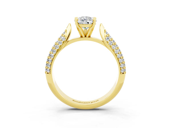 Yellow gold Pear Cut Moissanite Solitaire Engagement Ring with Multi-Row Round Pavé Band and Prong Setting