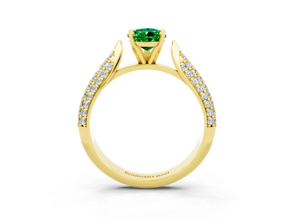 Yellow gold Pear Cut Emerald Solitaire Engagement Ring with Multi-Row Round Pavé Band and Prong Setting