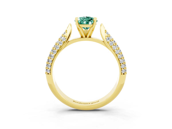 Yellow gold Pear Cut Green Sapphire Solitaire Engagement Ring with Multi-Row Round Pavé Band and Prong Setting