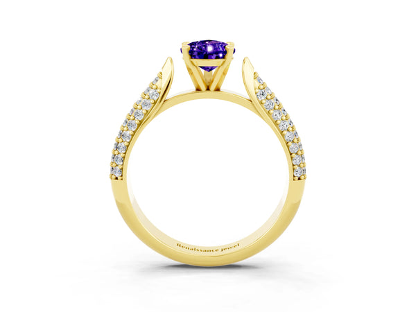 Yellow gold Pear Cut Tanzanite Solitaire Engagement Ring with Multi-Row Round Pavé Band and Prong Setting