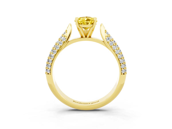 Yellow gold Pear Cut Yellow Sapphire Solitaire Engagement Ring with Multi-Row Round Pavé Band and Prong Setting