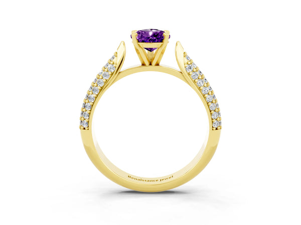 Yellow gold Pear Cut Amethyst Solitaire Engagement Ring with Multi-Row Round Pavé Band and Prong Setting