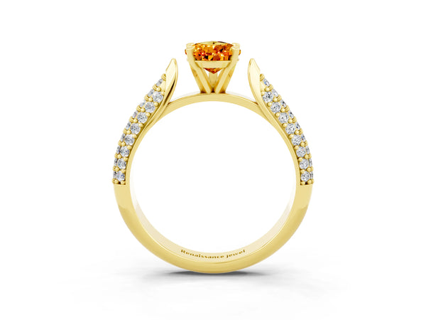 Yellow gold Pear Cut Citrine Solitaire Engagement Ring with Multi-Row Round Pavé Band and Prong Setting