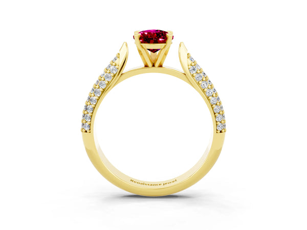Yellow gold Pear Cut Garnet Solitaire Engagement Ring with Multi-Row Round Pavé Band and Prong Setting