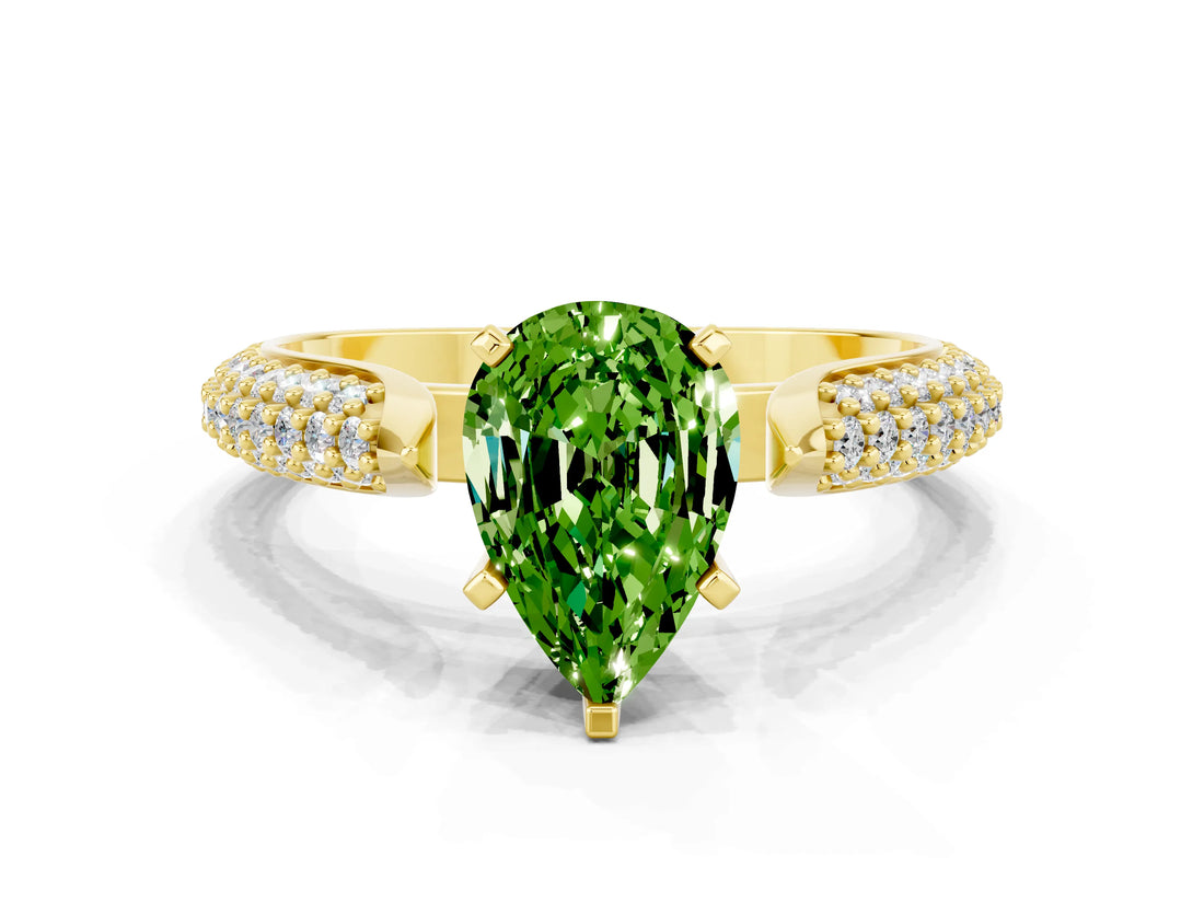 Yellow gold Pear Cut Diamond Solitaire Engagement Ring with Pavé Band and Four-Prong Setting
