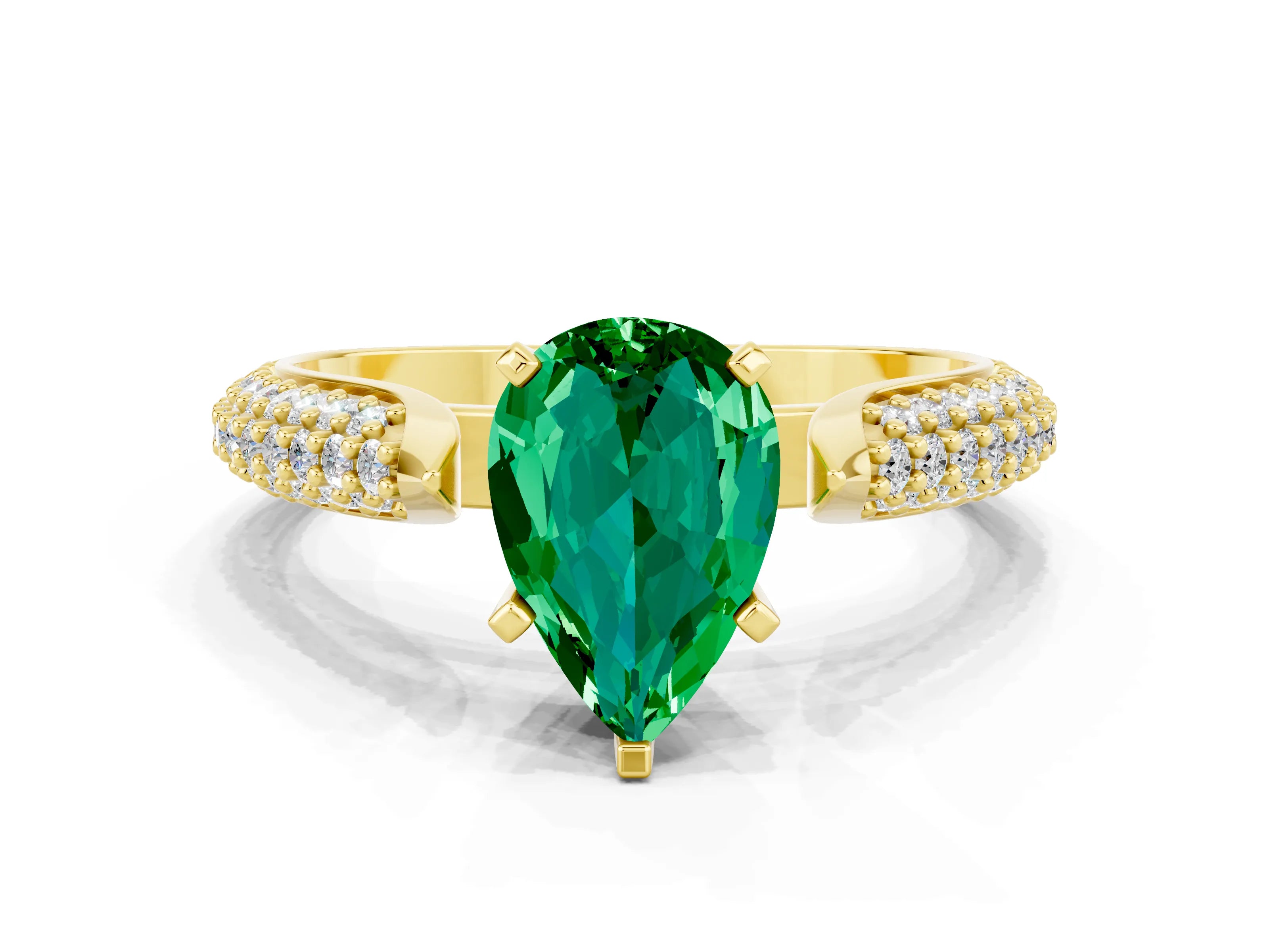Yellow gold Pear Cut Diamond Solitaire Engagement Ring with Pavé Band and Four-Prong Setting