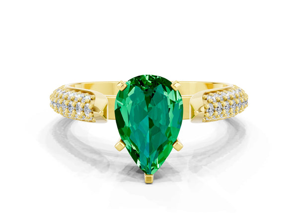 Yellow gold Pear Cut Emerald Solitaire Engagement Ring with Multi-Row Round Pavé Band and Prong Setting