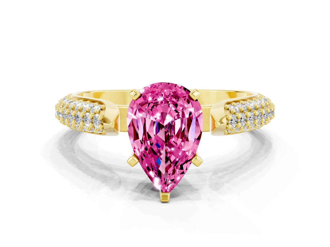 Yellow gold Pear Cut Diamond Solitaire Engagement Ring with Pavé Band and Four-Prong Setting