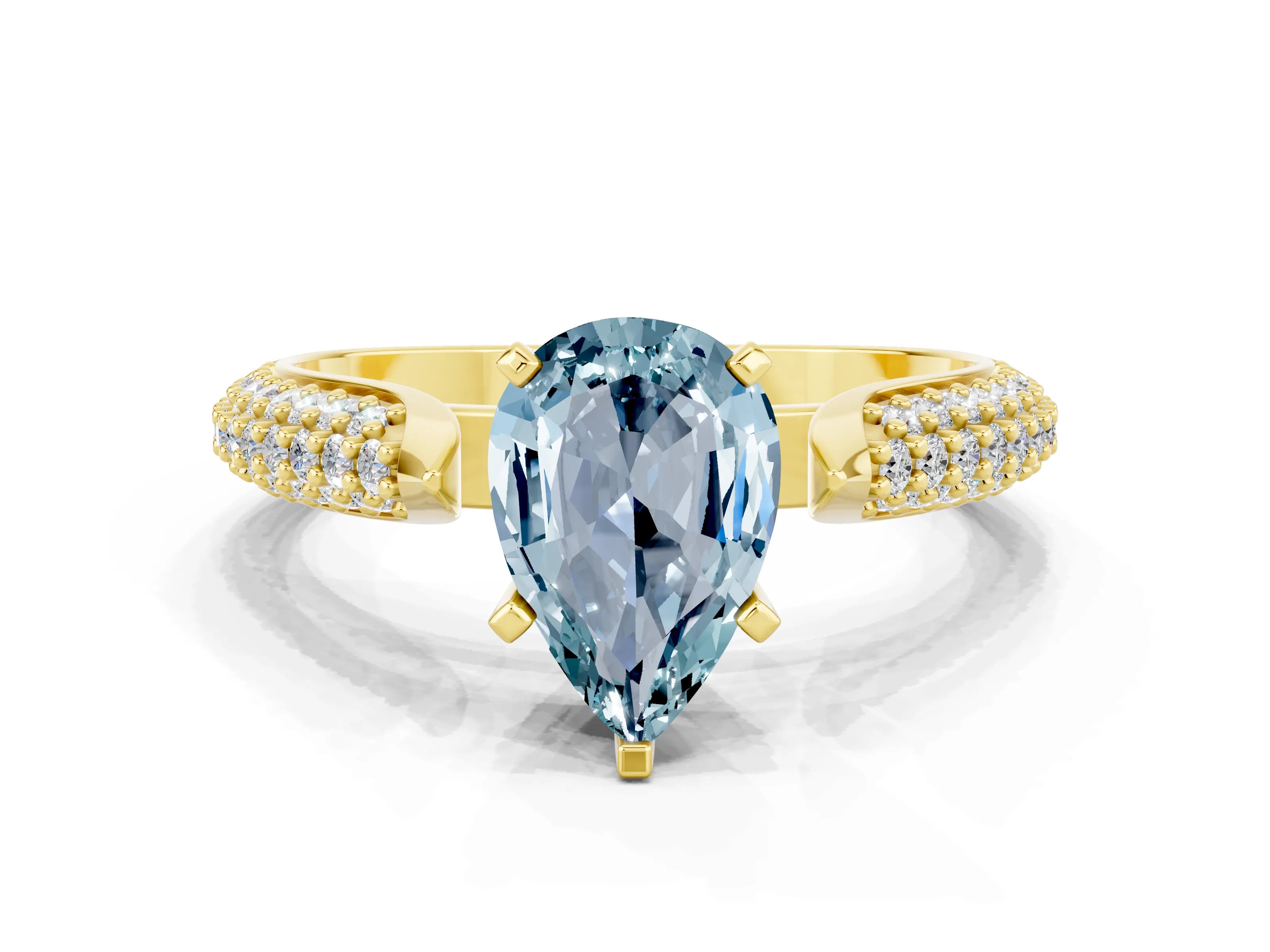 Yellow gold Pear Cut Diamond Solitaire Engagement Ring with Pavé Band and Four-Prong Setting