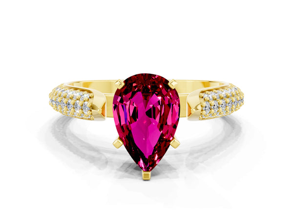 Yellow gold Pear Cut Garnet Solitaire Engagement Ring with Multi-Row Round Pavé Band and Prong Setting