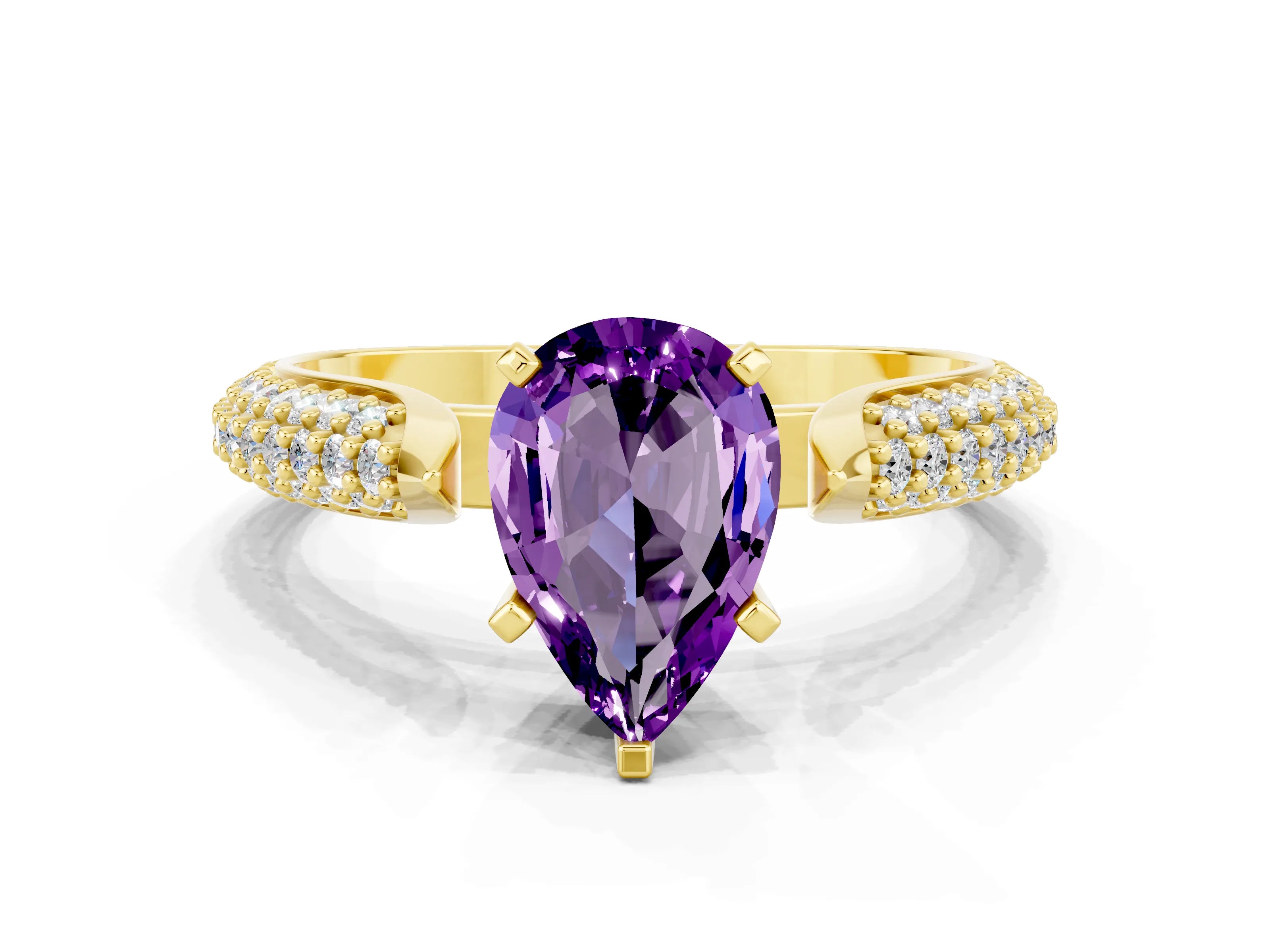 Yellow gold Pear Cut Diamond Solitaire Engagement Ring with Pavé Band and Four-Prong Setting