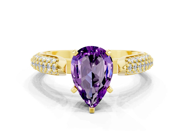 Yellow gold Pear Cut Amethyst Solitaire Engagement Ring with Multi-Row Round Pavé Band and Prong Setting