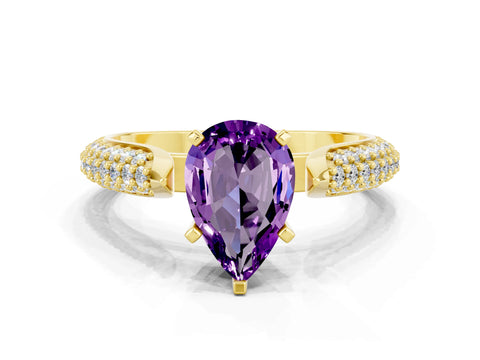 Yellow gold Pear Cut Diamond Solitaire Engagement Ring with Pavé Band and Four-Prong Setting