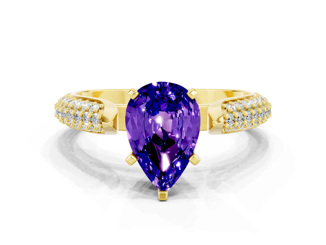 Yellow gold Pear Cut Diamond Solitaire Engagement Ring with Pavé Band and Four-Prong Setting