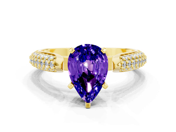 Yellow gold Pear Cut Tanzanite Solitaire Engagement Ring with Multi-Row Round Pavé Band and Prong Setting