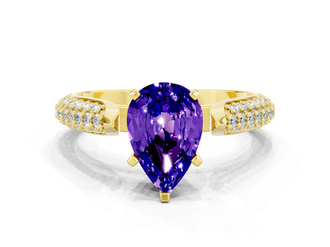Yellow gold Pear Cut Diamond Solitaire Engagement Ring with Pavé Band and Four-Prong Setting