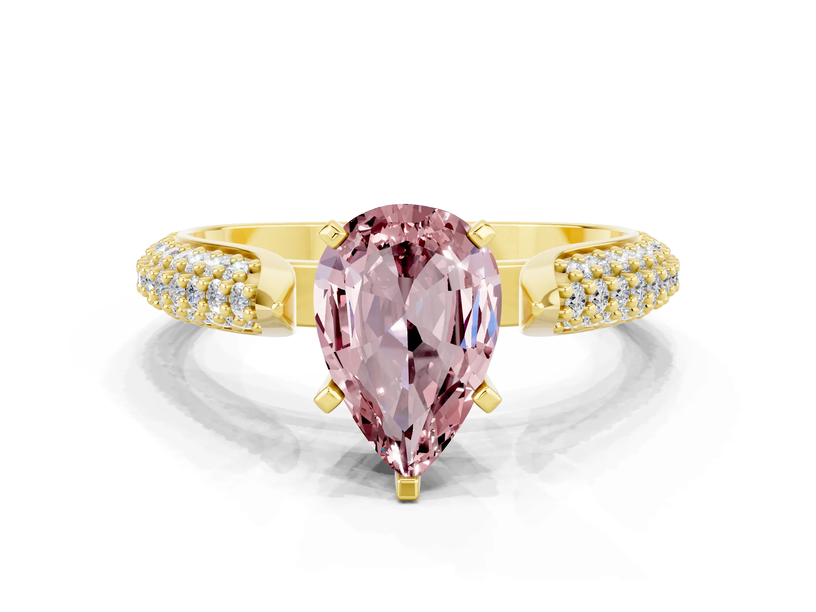 Yellow gold Pear Cut Diamond Solitaire Engagement Ring with Pavé Band and Four-Prong Setting